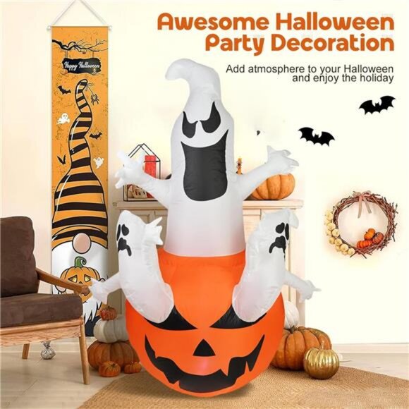 iFanze 6ft Airblown Halloween Decorations, 3 Ghosts on  6FT Halloween Inflatable Pumpkin with Ghosts Outdoor Decoration Large Party Yard
